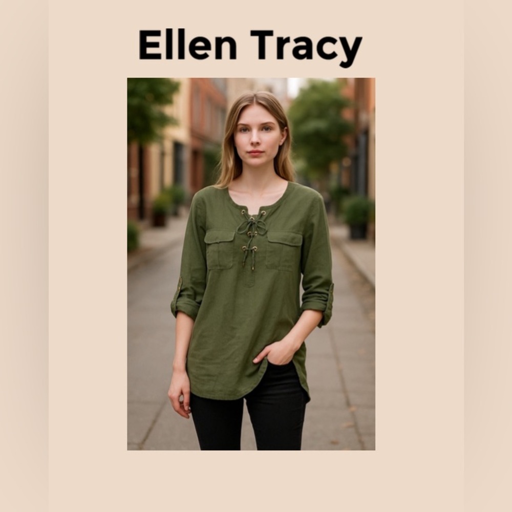Women’s Lace Up V-Neck Roll Tap Sleeve Blouse Size XXL